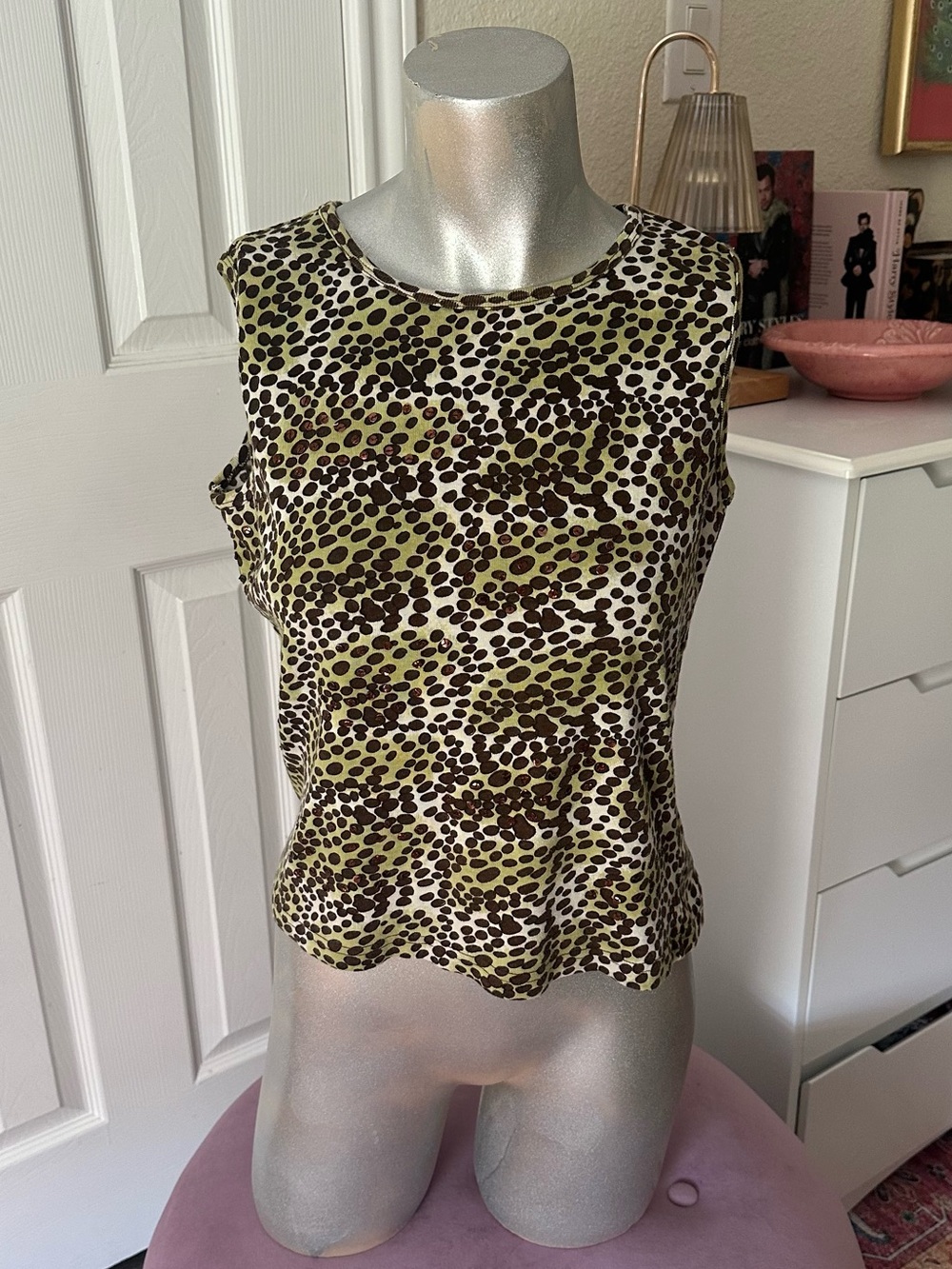 Candy Couture Vintage Green & Brown Sequin Embellished Leopard Cheetah Print Top - Picture 1 of 5